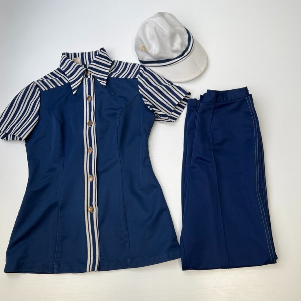 Vintage McDonalds Uniform Women 0 Set Pant Hat Shirt 1976 Costume Crest Core Fa
